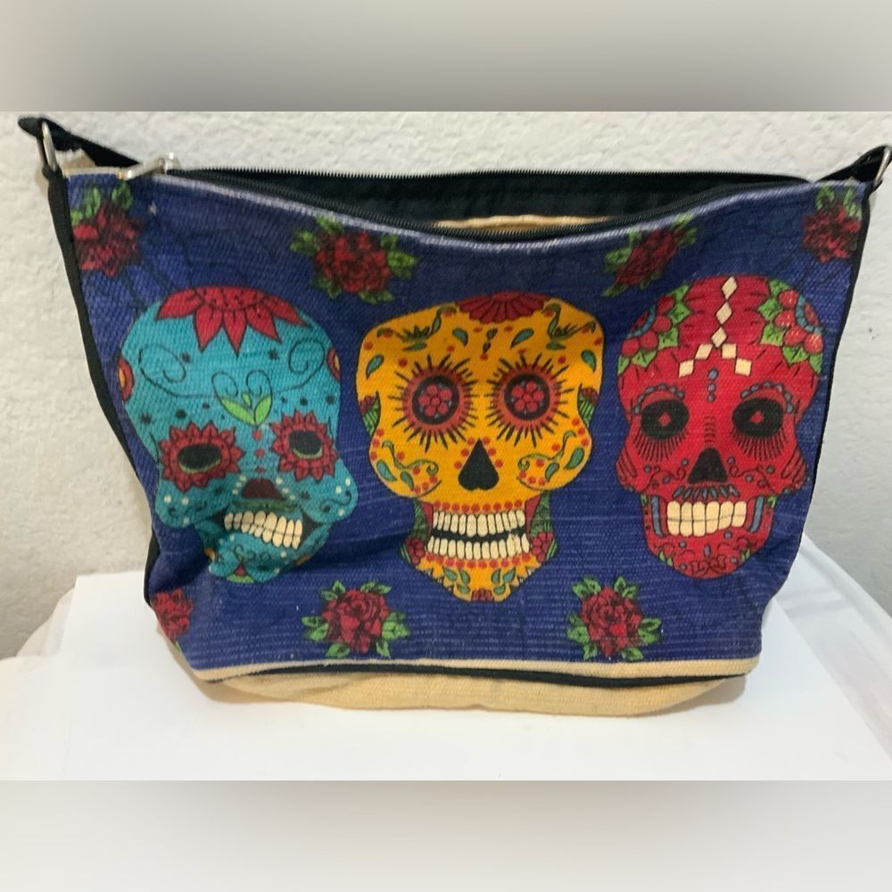 Day of the Dead Skull Large Canvas Tote Bag zippered